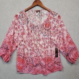 Crosby by Mollie Burch NWT Ombre Mandala Boho Floral Sheer Blouse Top Pink Sz L